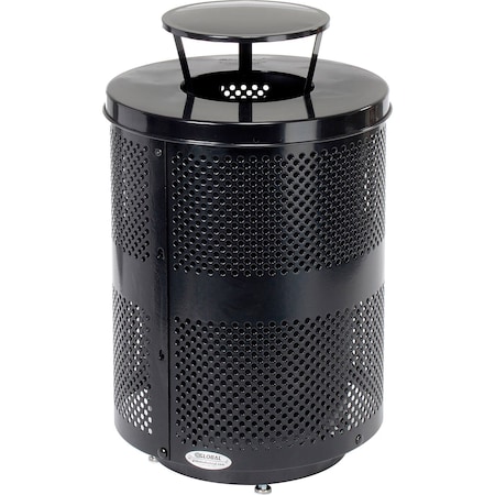 Global Industrial Outdoor Perforated Steel Trash Can W/Rain Bonnet Lid & Base, 36 Gallon, Black 261927BKD